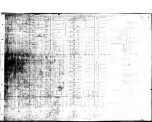 Faded and smudged architectural blueprint with grid layout, columns, measurements, text labels, and structural details visible; some areas are dark and difficult to read due to age or poor scanning.