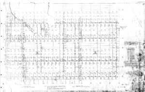 Faded, black and white scanned engineering blueprint with gridlines, structural beam layouts, numbered reference points, handwritten notations, and a legend, likely for a buildings structural floor plan.