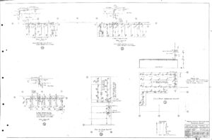 Black and white engineering blueprint showing structural and elevation views of a platform, including measurements, labels, section cuts, and detailed annotations for construction reference.