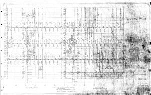 Faded, technical architectural blueprint with grid lines, labels, notes, and symbols indicating measurements and construction details for a building floor plan. Some areas are smudged and hard to read.