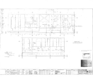 Architectural fire protection plan for a McDonnell Aircraft Corporation facility, showing the sprinkler system layout across two floorplan sections. The drawing includes labeled rooms such as offices, copy rooms, and electrical closets, with detailed routing of main and branch sprinkler lines. A sprinkler symbol legend is shown at upper left, listing upright, pendant, and sidewall heads, as well as valves and drains. General notes specify all pipe shall be black steel, schedule 40. The plan is titled “Fire Protection Plan,” drawn by Engineered Fire Protection Inc., and includes a U.S. Army Corps of Engineers approval stamp.