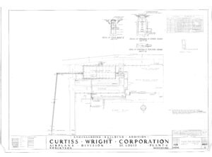 Architectural floor plan drawing labeled “Curtiss-Wright Corporation, Airplane Division, St. Louis, Plant 4.” Includes structural details and notes for an engineering building addition.