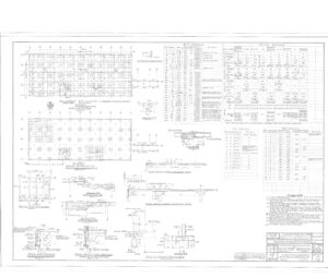Detailed structural engineering drawing showing a foundation plan with grids, column layouts, construction notes, material specifications, section diagrams, and legends, all annotated with dimensions and technical details.
