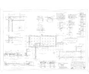 Architectural blueprint showing detailed foundation and construction plans, including structural notes, dimensions, section views, floor plans, footing layouts, and various technical annotations for a building project.