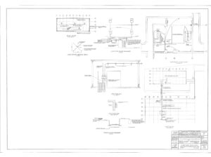 Architectural technical drawing with multiple diagrams, including lighting, power, and ceiling plans, sections, and wiring schematics for an auditorium entrance. Labels, notes, and measurements are provided throughout the image.
