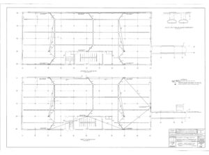 Architectural drawing showing two floor plans (first and second floor) of a building with grid lines, columns, staircases, and a key plan. Includes a detail of a beam and slab section in the upper right corner.