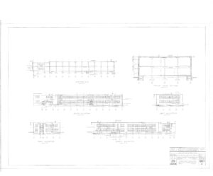 Architectural blueprint showing multiple elevations and sections of a two-story building, including north, south, east, and west elevations, with labeled dimensions and structural details, and a title block in the lower right corner.