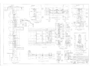 Detailed architectural blueprint showing wall sections, foundation details, door and window construction, materials, dimensions, and construction notes for a building project. Includes multiple technical drawings and a title block.