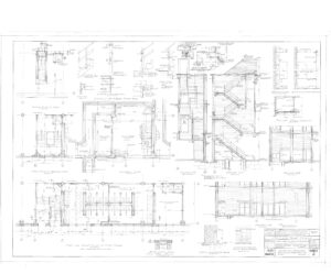 Architectural blueprint of a stair tower, showing multiple detailed technical drawings, elevations, sections, and construction notes with measurements and labels for stairs, landings, and structural components.