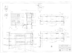 Architectural blueprint showing detailed elevation and section drawings of a building, with labeled dimensions, notes, materials, and construction details. Includes windows, doors, walls, and structural elements.