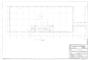Architectural blueprint of the second floor plan for a building, showing grid lines, rooms, stairs, elevators, corridors, and labeled areas. Title block in the lower right corner includes project and company details.