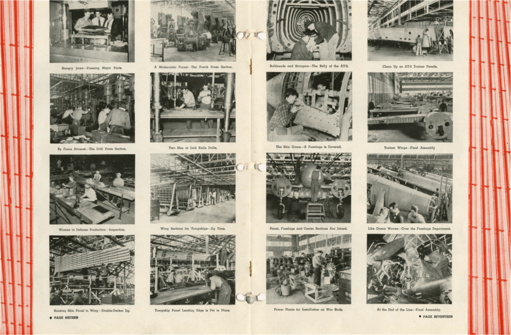 A vintage magazine spread showing black-and-white photos of automotive factory scenes, including assembly lines, workers, car parts, and machinery, arranged in a grid with brief captions under each image. Red lines border the page edges.