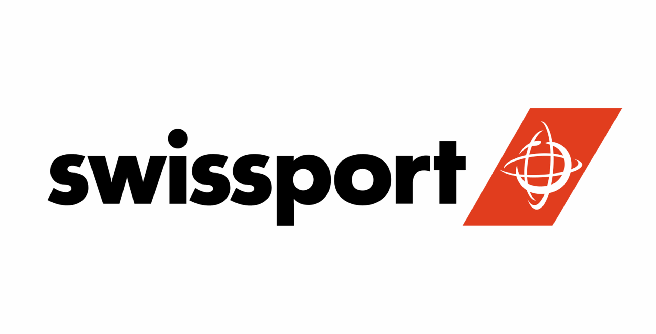 The Swissport logo features the word swissport in bold black letters next to a red triangle containing a white globe and airplane symbol. The background is light gray.
