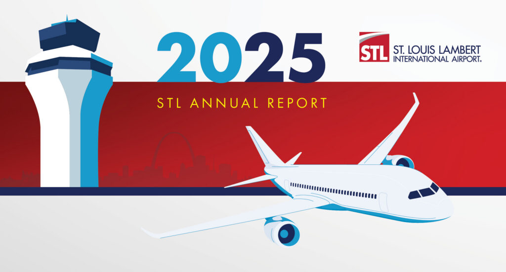 The document shows an artistic drawing of the FAA tower on the far left side of this report cover. The official STL logo is found on the far upper right side of this artwork. In the center going to the right side of the document on the bottom of this piece is a 737 aircraft flying a way from a subtle shadowed skyline.