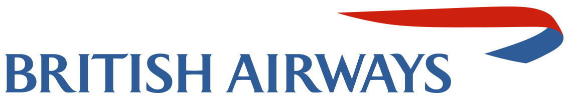 The logo is British Airways spelled out in sky blue and set in Times Roman type. followed on the top right corner of the logo with a red ribbon folded to show it under side in the same sky blue color.