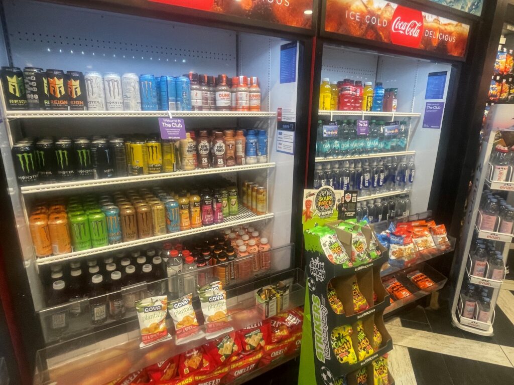 This photo shows the cold drink display found in two cooler units at the Riverbend market in STL's C Concourse. It shows selections from bottled water, energy drinks, and bottled teas.