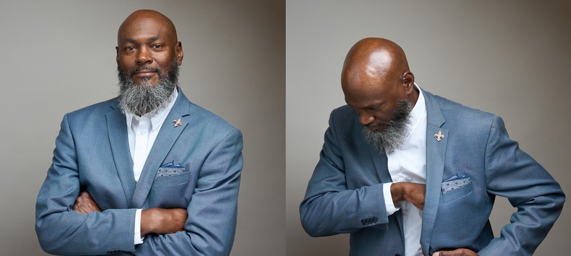 These two photos show Antonio Strong the outgoing Deputy Director of Finance and Accounting at St. Louis Lambert International Airport. The first photo is a profile photo of Mr. Strong with his arms folded wearing a light blue suit with an open collared white shirt. The photo to the right shows Antonio looking down while left hand is inside the inside right breast pocket of the suit.