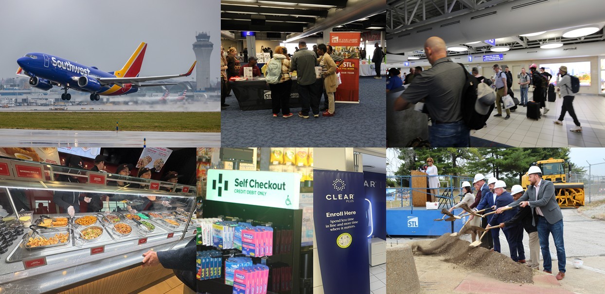 This photo is a montage of some of the various ways our airport partners do business at STL. From the right going clockwise one sees a Southwest Airline 737 taking off on Runway 12L-30R, STL holding a job fair, passengers walking through STL's Concourse A, a groundbreaking ceremony at STL, CLEAR Banner at Concourse C Security location, a Hudson retail self checkout location, and the Pei Wei buffet at the T2 restaurant location.