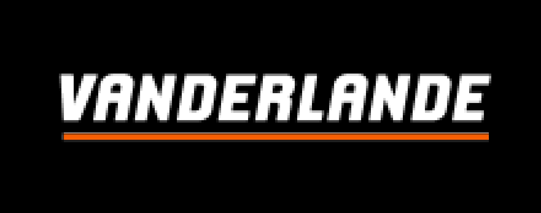 The Vanderlande logo is the name spelled out in white block letters with an orange line found underneath the name.