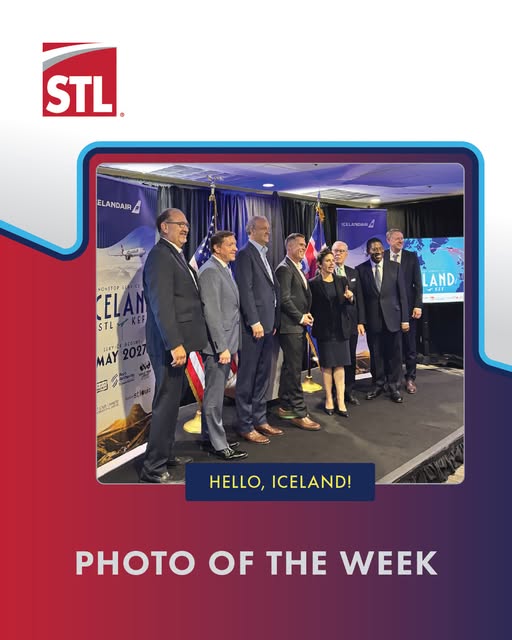 Local representatives gather on stage to announce a new flight from STL to Iceland.